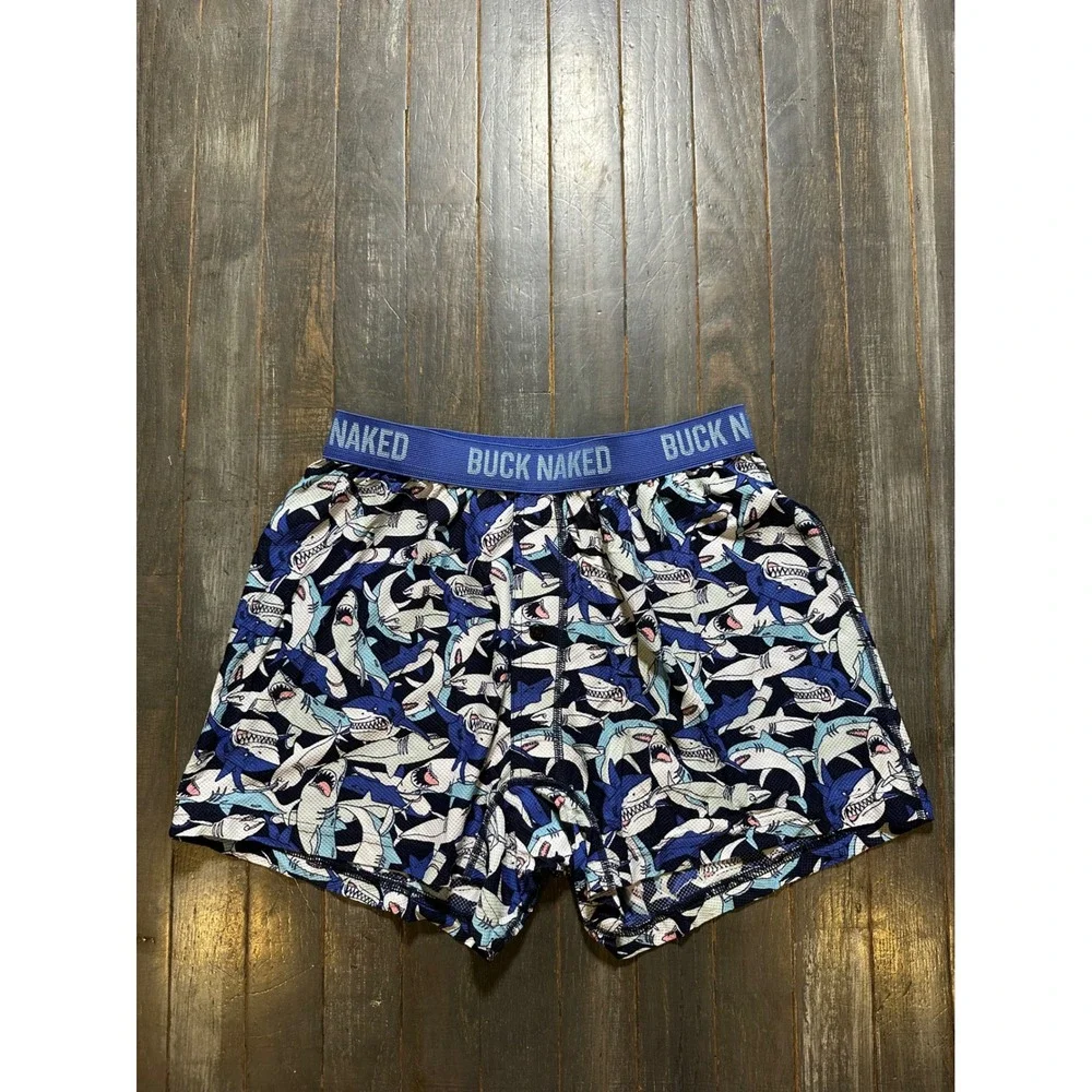 Duluth Trading Co Buck Naked Boxer Briefs Mens Blue Shark Print Performance Mesh